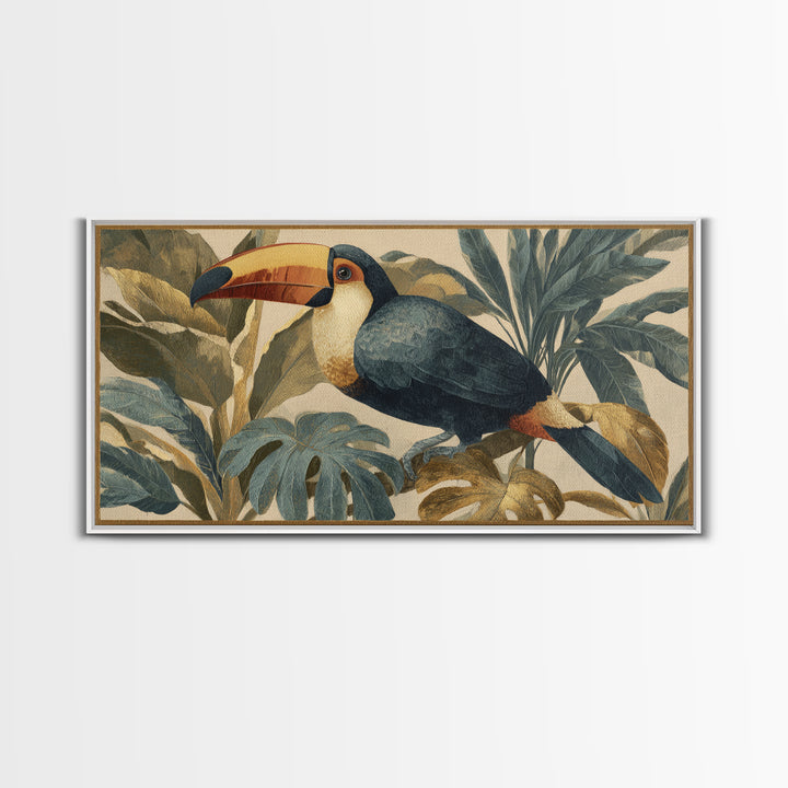 Toucan Framed by Bold Jungle Foliage Framed Canvas Print, Bird Art, Original Art, Living Room Decor, Fine Art, Flight, BIR-2x1-91