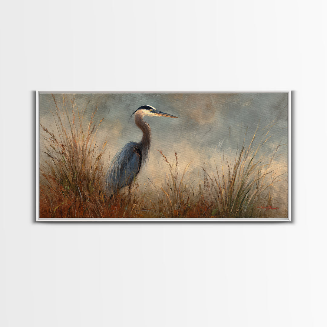Blue Heron in Misty Marsh Grass Canvas Print, Bird Art, Digital Prints, Living Room Decor, Fine Art, Flight, Modern Art, BIR-2x1-94