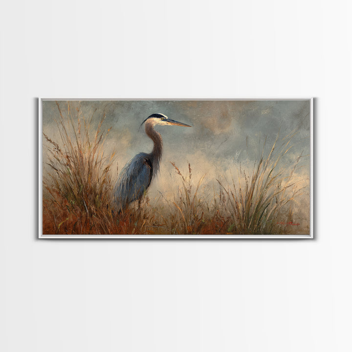 Blue Heron in Misty Marsh Grass Canvas Print, Bird Art, Digital Prints, Living Room Decor, Fine Art, Flight, Modern Art, BIR-2x1-94