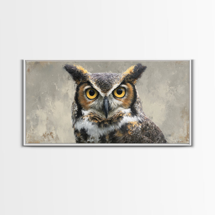 Owl Portrait with Wise Golden Eyes Framed Canvas Print, Bird Art, Japanese Wall Art, Living Room Decor, Oil Painting, Flight, BIR-2x1-97