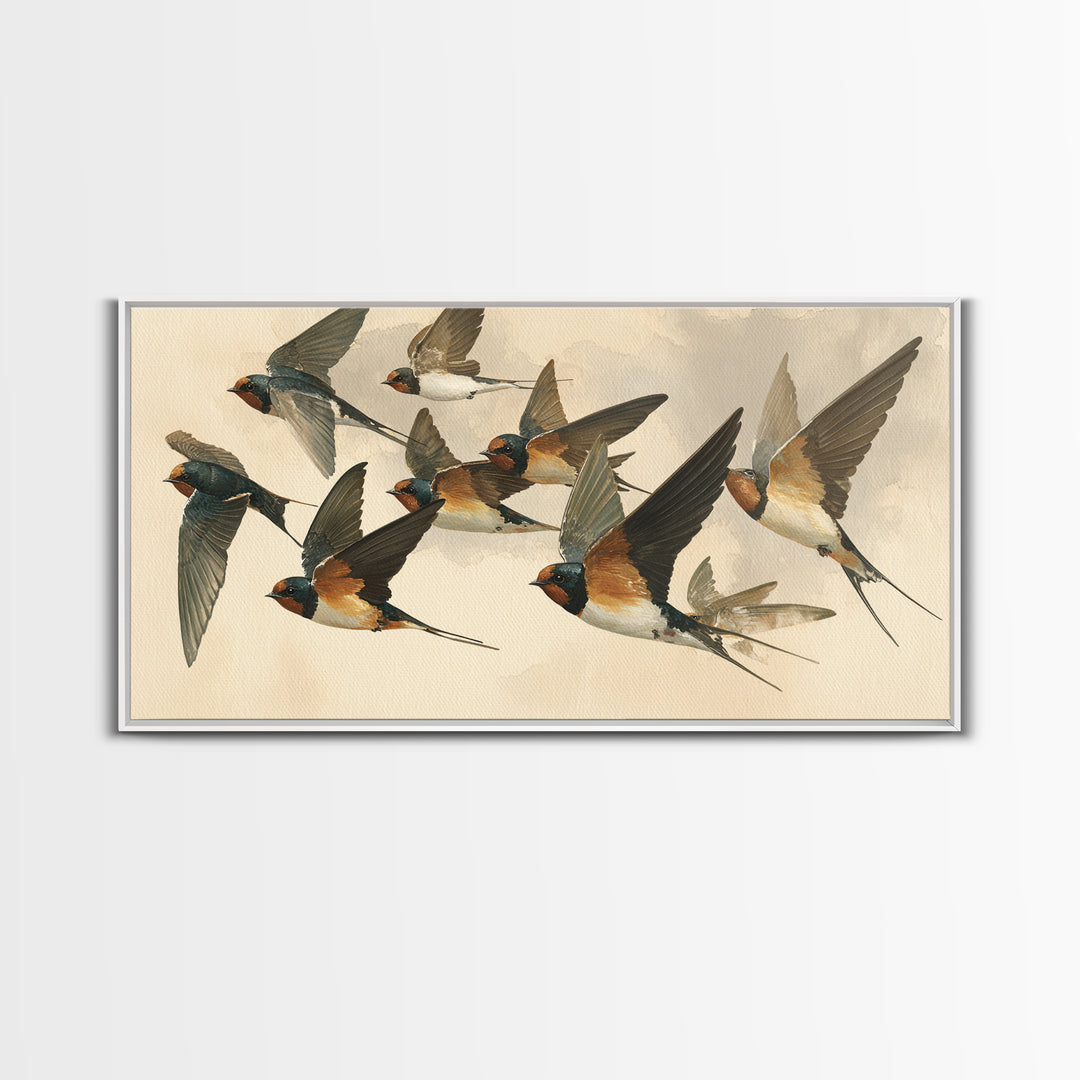 Flock of Swallows Sweeping Across Open Sky Canvas Print, Bird Art, Living Room Decor, Watercolor Art, Flight, BIR-2x1-98