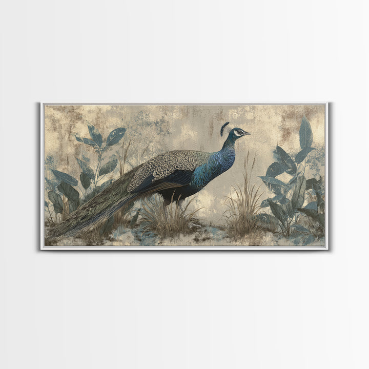 Peacock with Jewel Tone Feather Pattern Framed Canvas Print, Bird Art, Boho Wall Decor, Living Room Decor, Fine Art, Flight, BIR-2x1-99