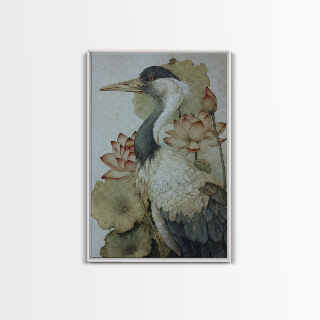 Crane and Lotus Composition Framed Canvas Print, Bird Art, Wall Art, Living Room Decor, Fine Art, Flight, Japanese Wall Art, BIR-2x3-1