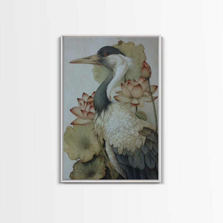 Crane and Lotus Composition Framed Canvas Print, Bird Art, Wall Art, Living Room Decor, Fine Art, Flight, Japanese Wall Art, BIR-2x3-1