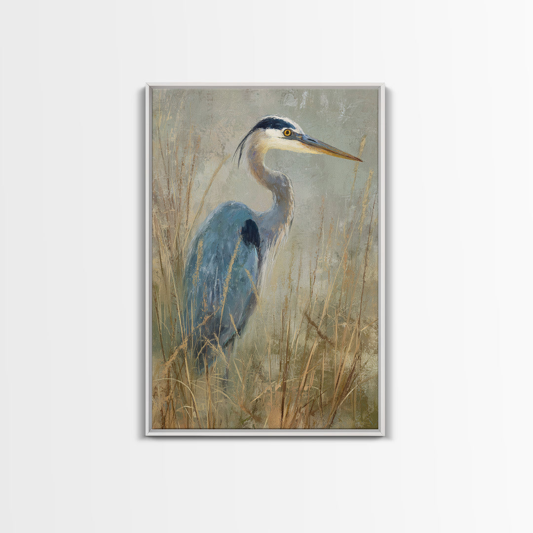Blue Heron in Misty Marsh Grass Canvas Print, Bird Art, Luxury Decor, Living Room Decor, Flight, Art Deco, Original Art, BIR-2x3-10