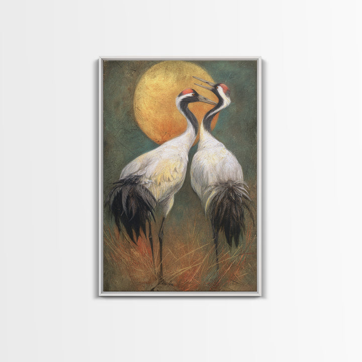 Pair of Cranes Dancing Canvas Print, Bird Art, Forest Wall Art, Living Room Decor, Abstract Art, Flight, Minimalist Decor, BIR-2x3-11