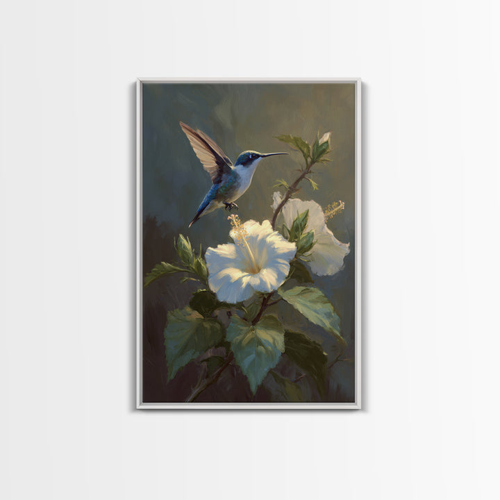 Hummingbird Hovering Beside Bright Hibiscus Framed Canvas Print, Bird Art, Minimalist Decor, Living Room Decor, Oil Painting, BIR-2x3-12