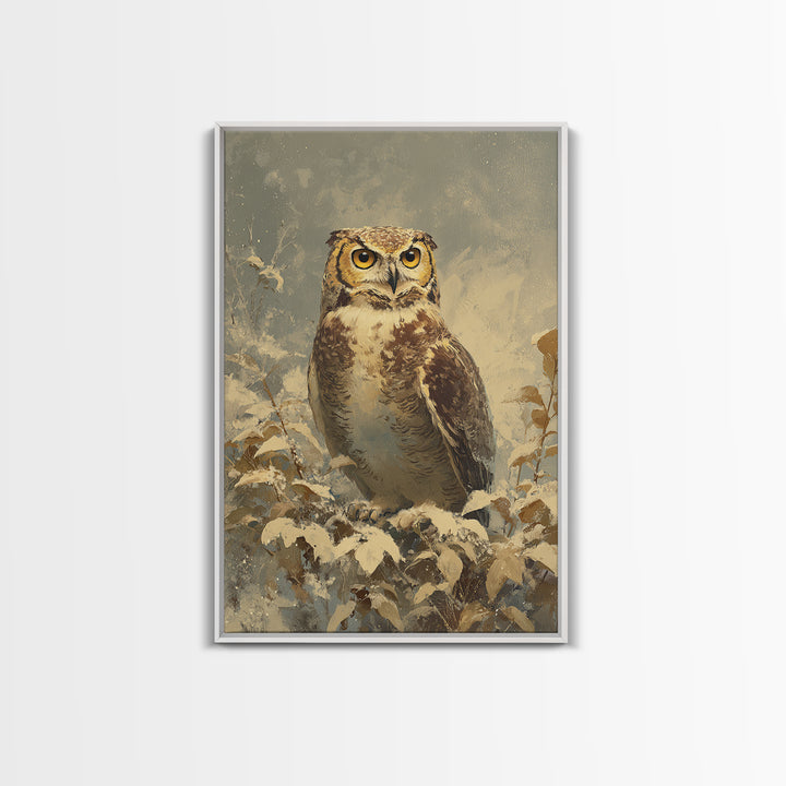 Owl Portrait with Wise Golden Eyes Framed Canvas Print, Bird Art, Digital Prints, Living Room Decor, Fine Art, Flight, BIR-2x3-13