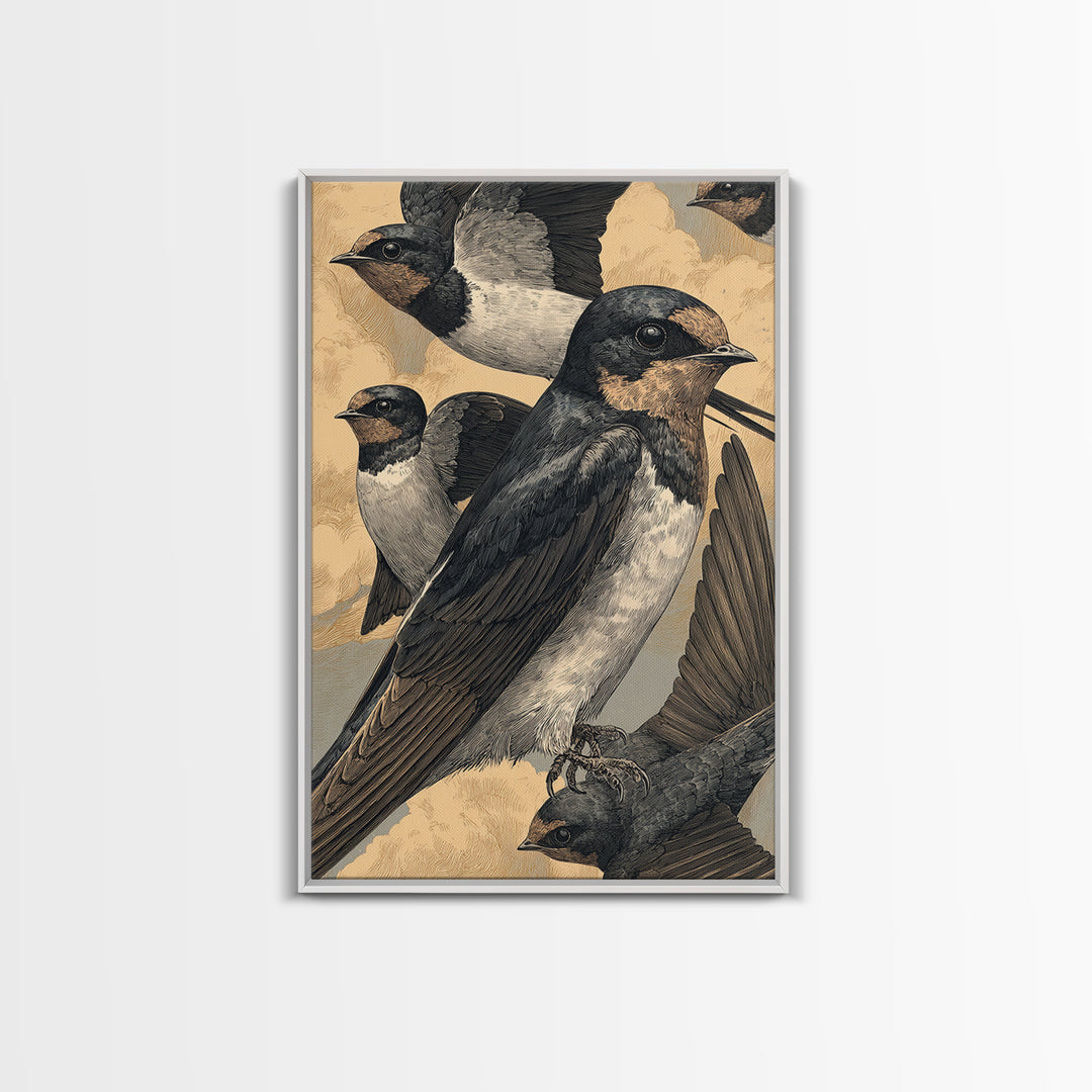 Flock of Swallows Sweeping Across Open Sky Canvas Print, Bird Art, Art Print, Living Room Decor, Oil Painting, Flight, BIR-2x3-14