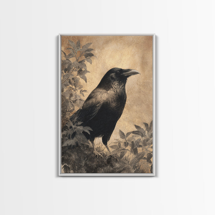 Raven Silhouette with Gothic Atmosphere Framed Canvas Print, Bird Art, Living Room Decor, Abstract Art, Flight, BIR-2x3-17