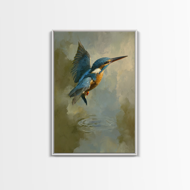 Kingfisher Diving Toward Blue Water Framed Canvas Print, Bird Art, Neutral Decor, Living Room Decor, Fine Art, Flight, BIR-2x3-19