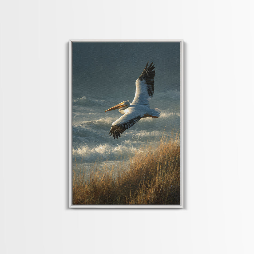 Pelican Flying over Coastal Waves Framed Canvas Print, Bird Art, Boho Decor, Living Room Decor, Abstract Art, Flight, BIR-2x3-2