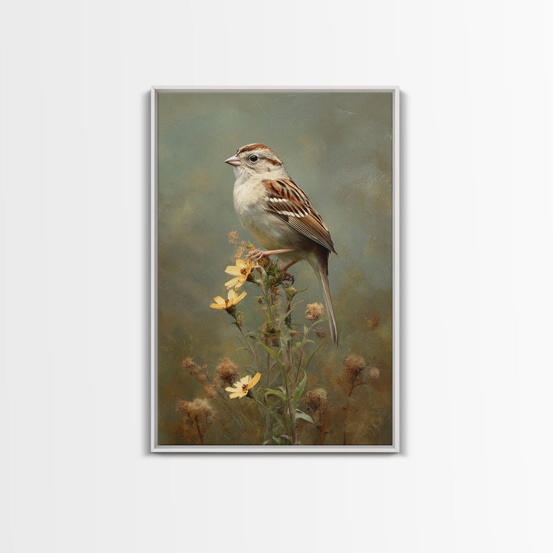 Small Sparrow on Wildflower Stem Framed Canvas Print, Bird Art, Textured Painting, Living Room Decor, Fine Art, Flight, BIR-2x3-22