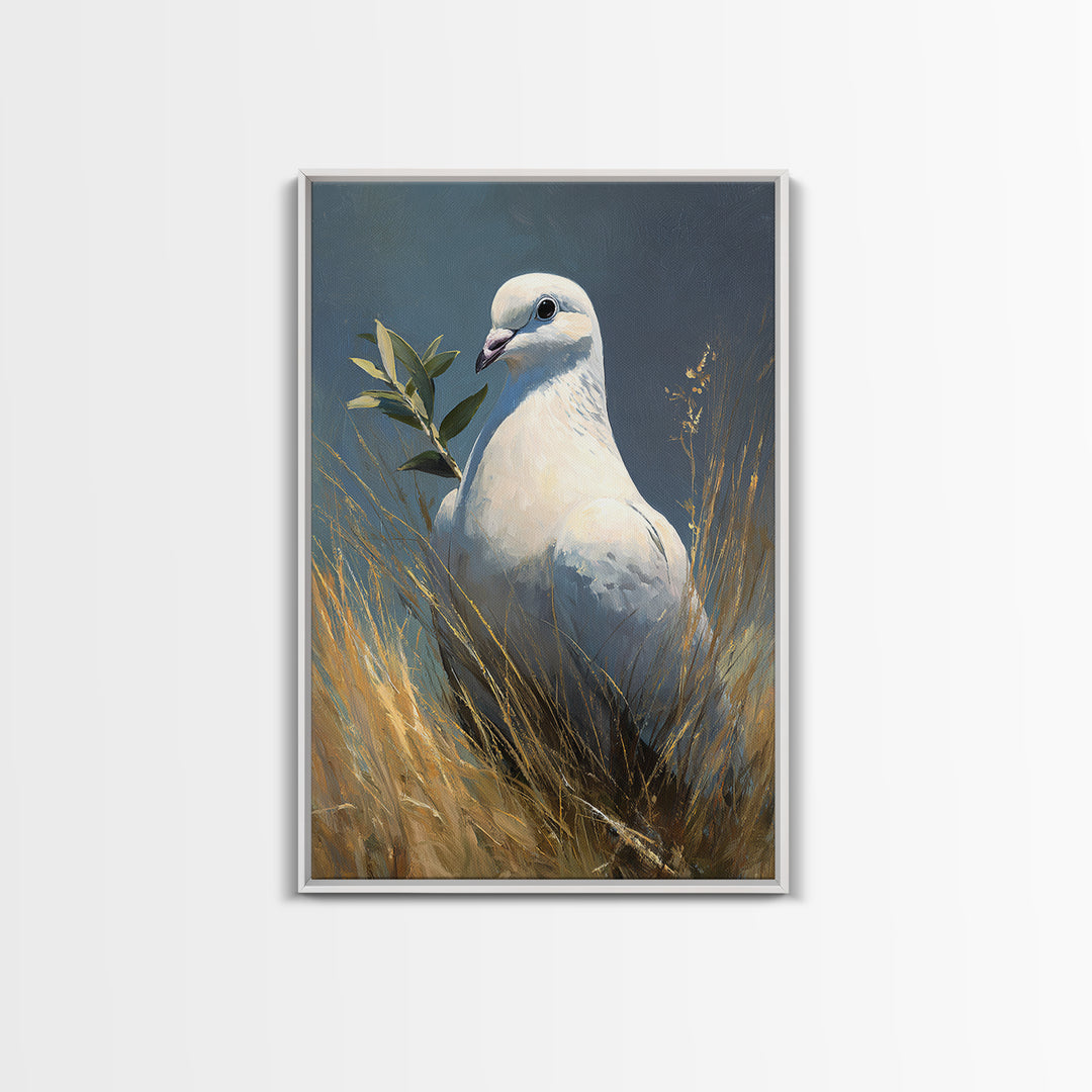 White Dove with Olive Branch and Calm Framed Canvas Print, Bird Art, Living Room Art, Living Room Decor, Watercolor Art, Flight, BIR-2x3-24