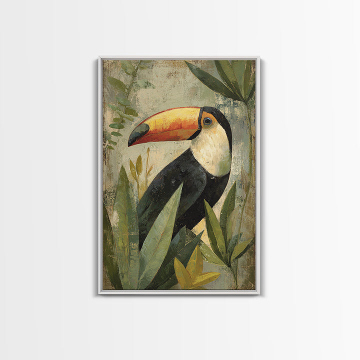 Toucan Framed by Bold Jungle Foliage Canvas Print, Bird Art, Statement Artwork, Living Room Decor, Flight, Digital Prints, BIR-2x3-31