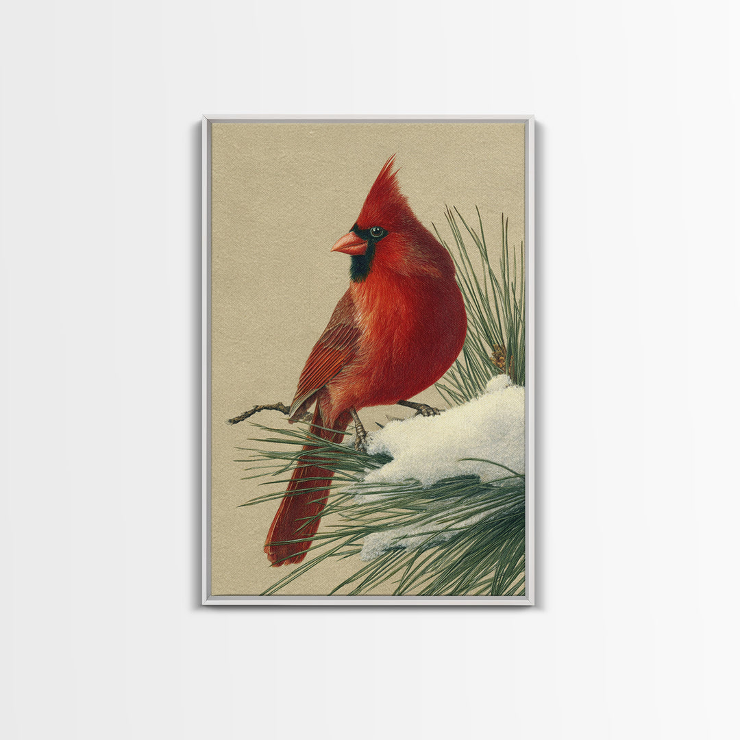 Red Cardinal on Snowy Pine Branch Framed Canvas Print, Bird Art, Digital Print, Living Room Decor, Flight, Bird Prints, BIR-2x3-33