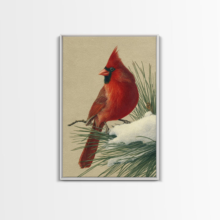 Red Cardinal on Snowy Pine Branch Framed Canvas Print, Bird Art, Digital Print, Living Room Decor, Flight, Bird Prints, BIR-2x3-33