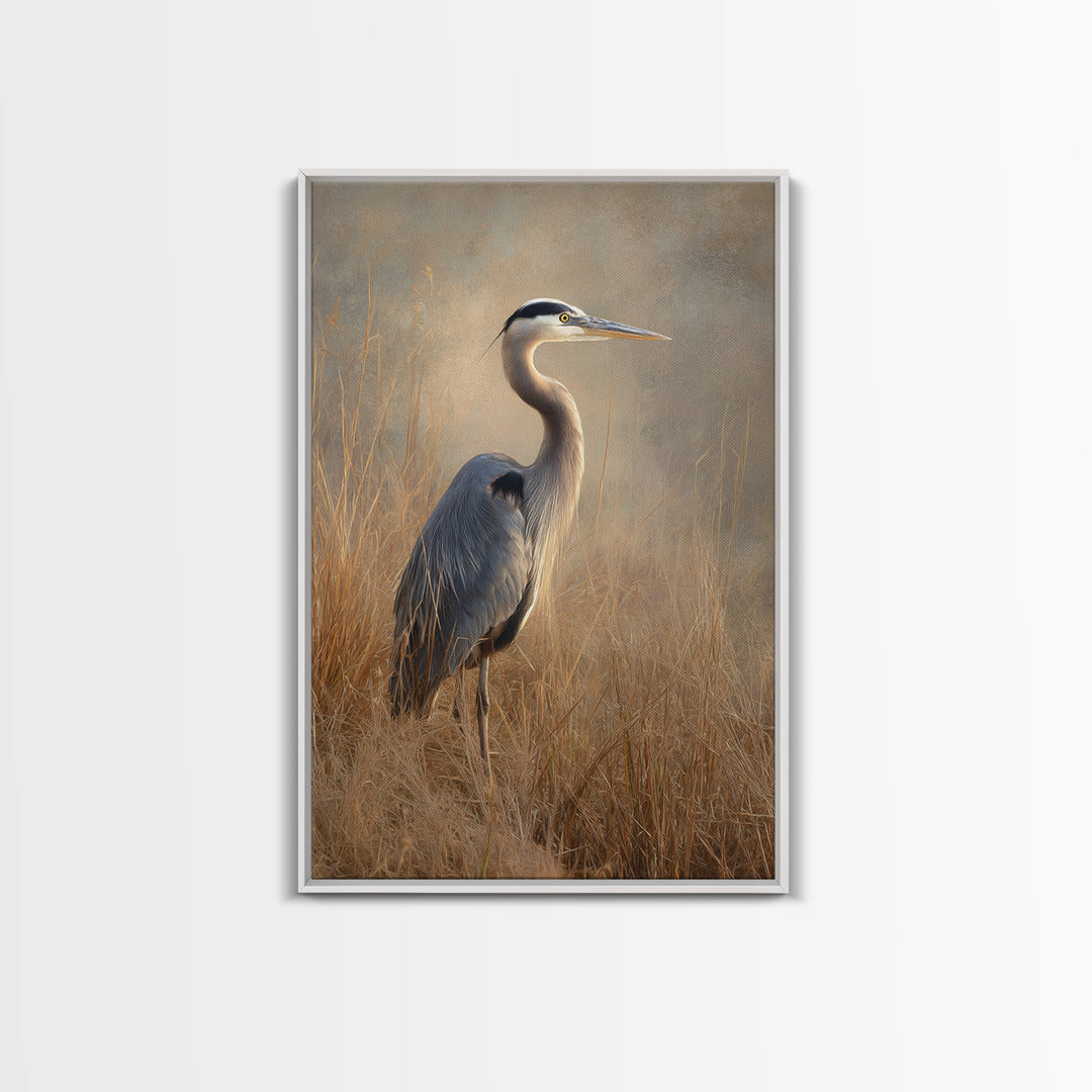 Blue Heron in Misty Marsh Grass Framed Canvas Print, Bird Art, Contemporary Art, Living Room Decor, Fine Art, Flight, BIR-2x3-34