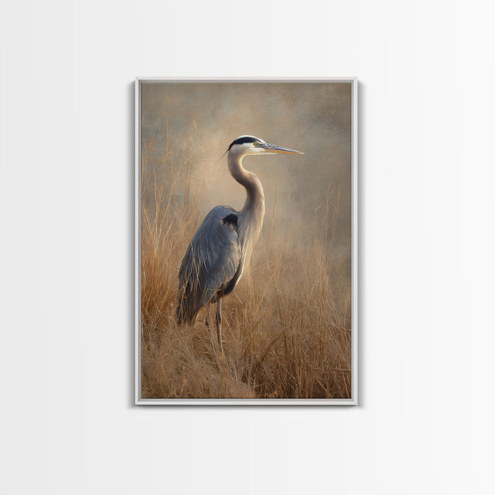 Blue Heron in Misty Marsh Grass Framed Canvas Print, Bird Art, Contemporary Art, Living Room Decor, Fine Art, Flight, BIR-2x3-34