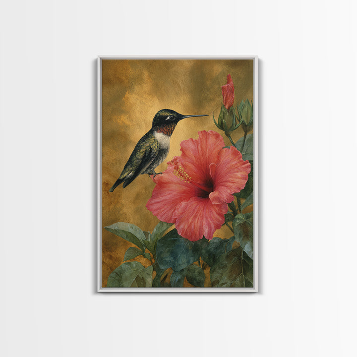 Hummingbird Hovering Beside Bright Hibiscus Canvas Print, Bird Art, Mid Century Wall Art, Living Room Decor, Flight, BIR-2x3-36