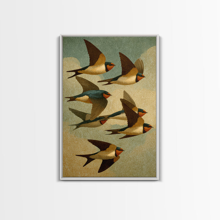 Flock of Swallows Sweeping Across Open Sky Framed Canvas Print, Bird Art, Wall Art, Living Room Decor, Fine Art, Flight, BIR-2x3-38