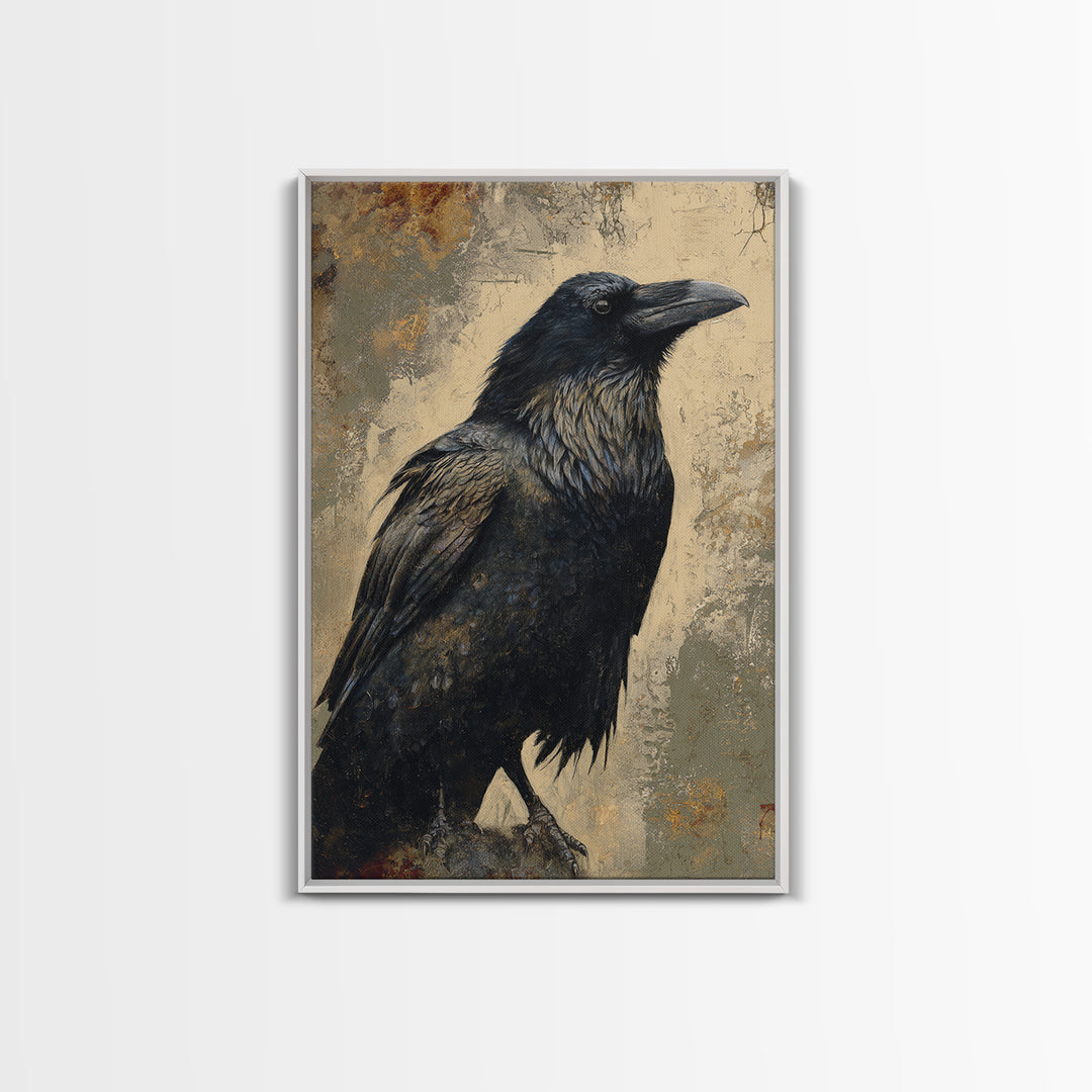 Raven Silhouette with Gothic Atmosphere Framed Canvas Print, Bird Art, Living Room Decor, Abstract Art, Flight, BIR-2x3-41