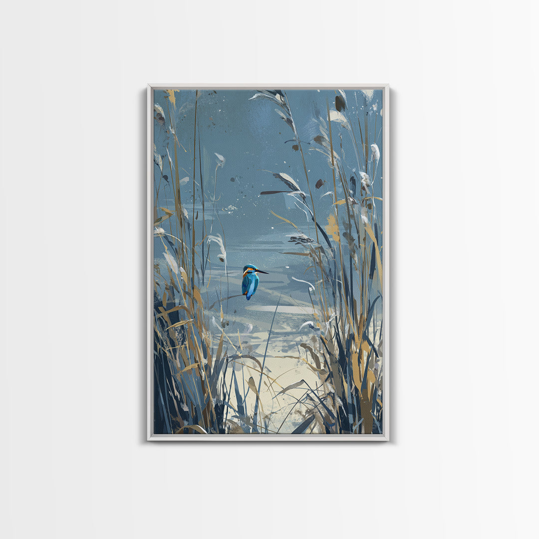 Kingfisher Diving Toward Blue Water Framed Canvas Print, Bird Art, Contemporary Art, Living Room Decor, Fine Art, Flight, BIR-2x3-43