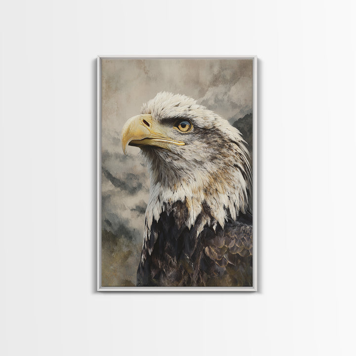Eagle Portrait with Dramatic Mountain Wind Framed Canvas Print, Bird Art, Floral Art, Living Room Decor, Fine Art, Flight, BIR-2x3-44