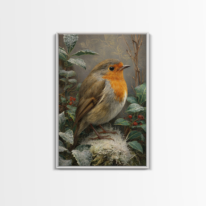 Robin in a Spring Garden with Soft Framed Canvas Print, Bird Art, Wall Art, Living Room Decor, Flight, Japanese Wall Art, BIR-2x3-47