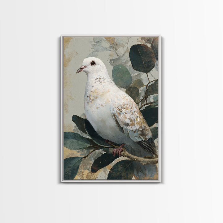 White Dove with Olive Branch and Calm Framed Canvas Print, Bird Art, Boho Decor, Living Room Decor, Fine Art, Flight, BIR-2x3-48