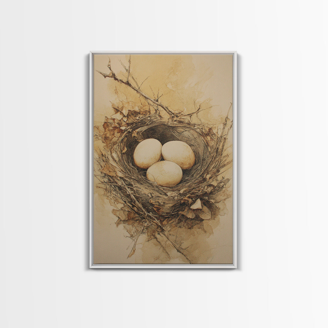 Bird Nest with Eggs and Delicate Twigs Canvas Print, Bird Art, Minimalist Decor, Living Room Decor, Fine Art, Flight, BIR-2x3-54