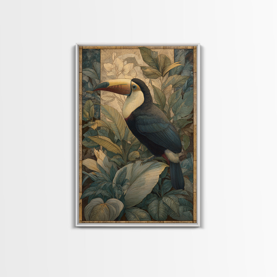 Toucan Framed by Bold Jungle Foliage Framed Canvas Print, Bird Art, Textured Painting, Living Room Decor, Fine Art, Flight, BIR-2x3-55