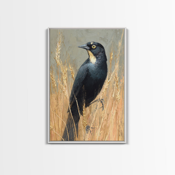Blackbird on Gold Wheat Field Framed Canvas Print, Bird Art, Neutral Decor, Living Room Decor, Abstract Art, Flight, Wall Art, BIR-2x3-56