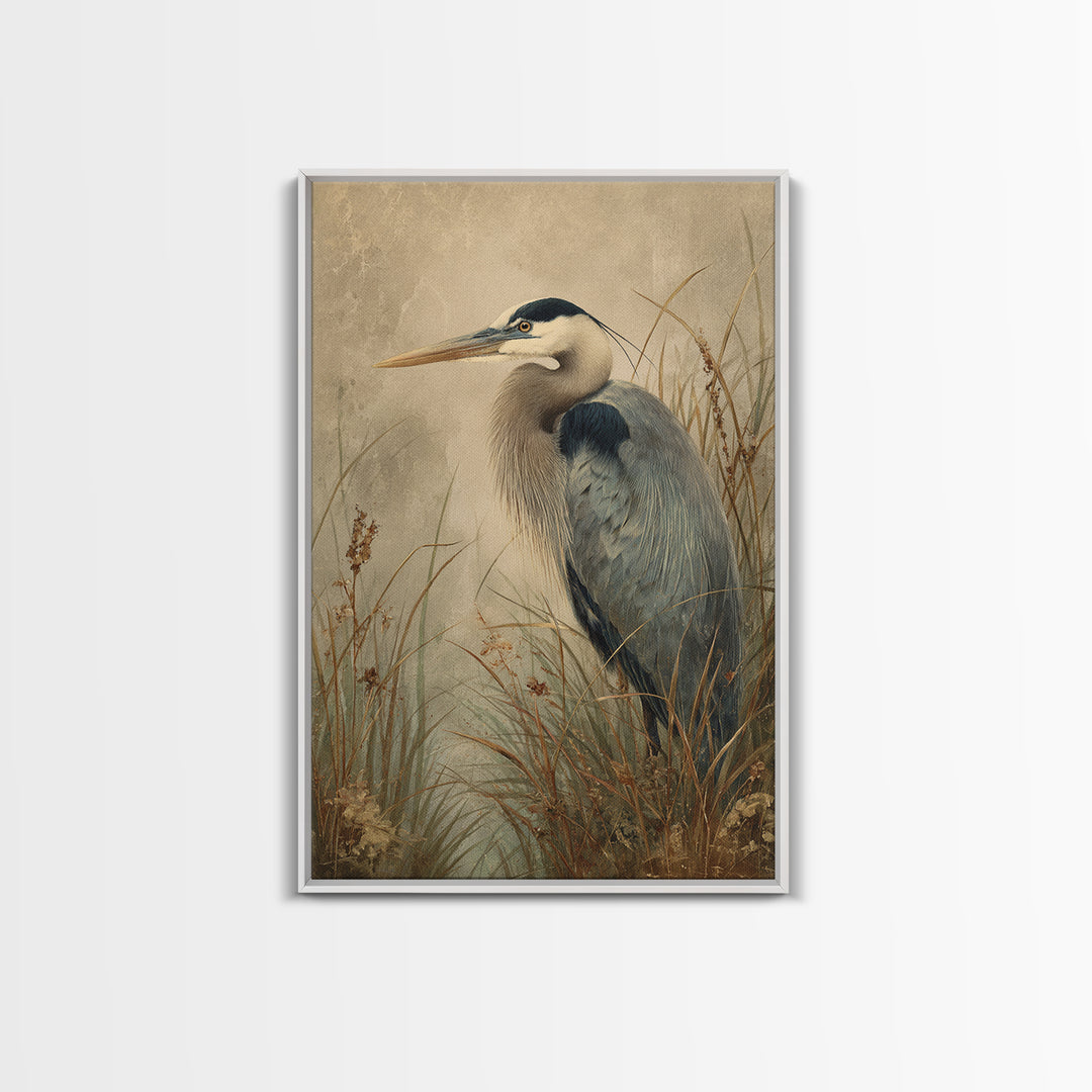 Blue Heron in Misty Marsh Grass Canvas Print, Bird Art, Mid Century Modern, Living Room Decor, Flight, Botanical Wall Art, BIR-2x3-58