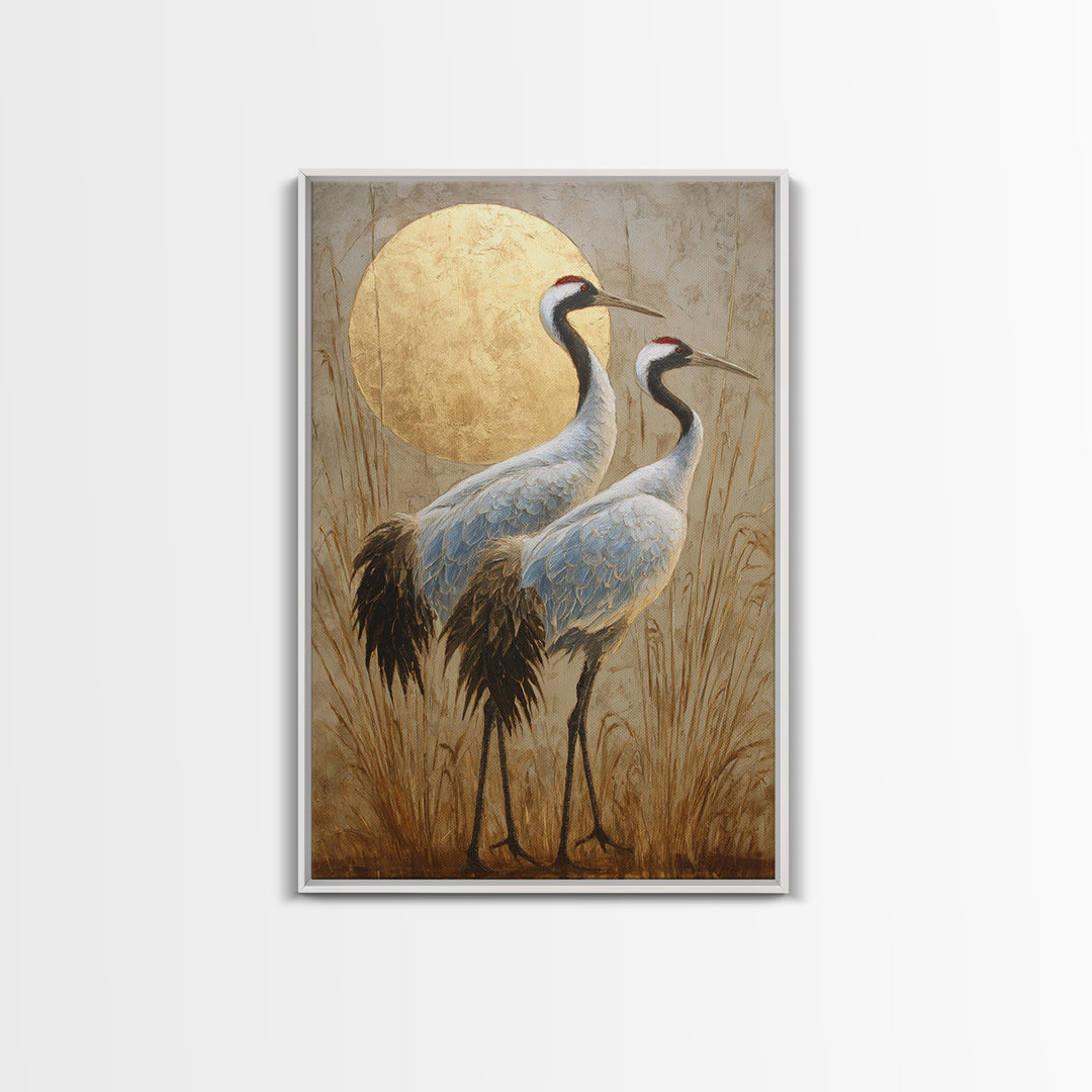 Pair of Cranes Dancing Framed Canvas Print, Bird Art, Digital Prints, Living Room Decor, Oil Painting, Flight, Modern Art, BIR-2x3-59