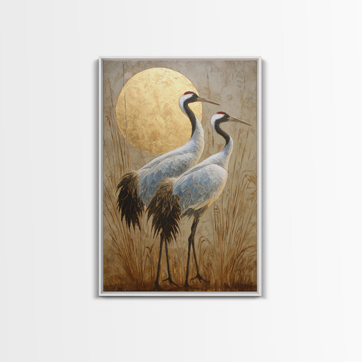 Pair of Cranes Dancing Framed Canvas Print, Bird Art, Digital Prints, Living Room Decor, Oil Painting, Flight, Modern Art, BIR-2x3-59