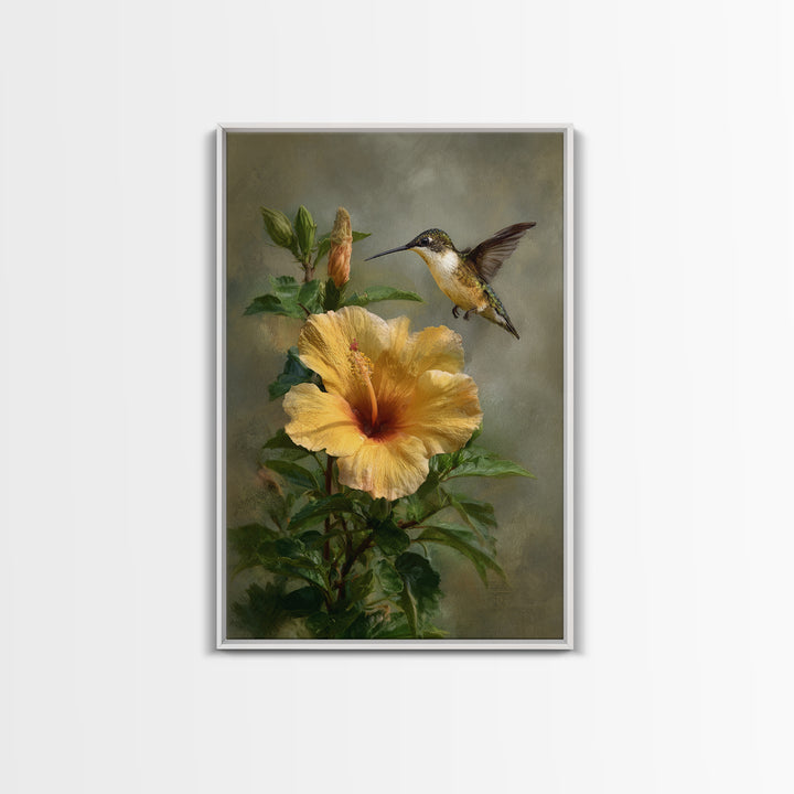 Hummingbird Hovering Beside Bright Hibiscus Framed Canvas Print, Bird Art, Wall Art, Living Room Decor, Fine Art, Flight, BIR-2x3-60