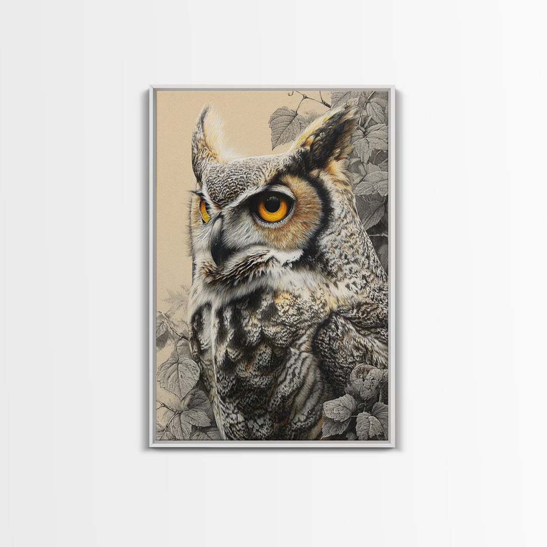 Owl Portrait with Wise Golden Eyes Canvas Print, Bird Art, Printable Art, Living Room Decor, Flight, Mid Century Wall Art, BIR-2x3-61