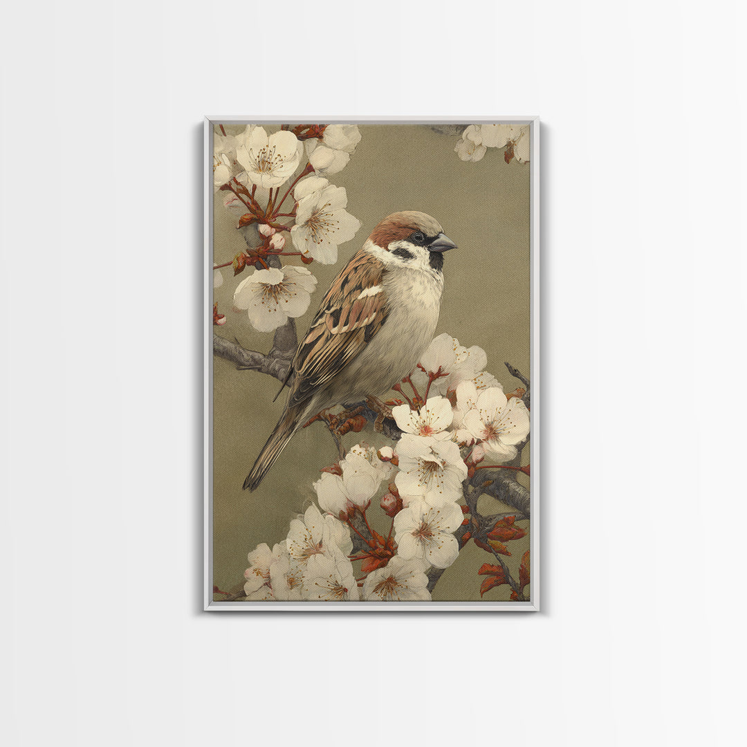 Songbird Perched on Cherry Blossoms Framed Canvas Print, Bird Art, Room Decor, Living Room Decor, Fine Art, Flight, BIR-2x3-64