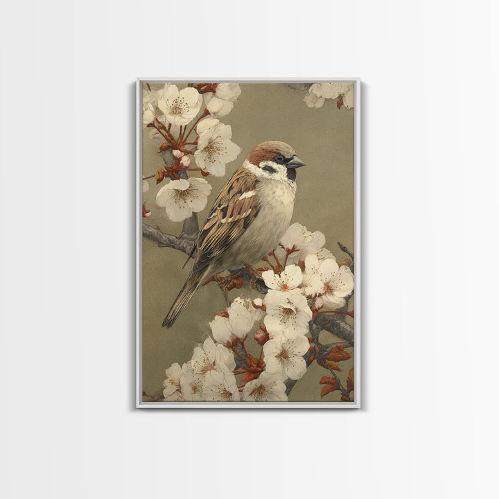 Songbird Perched on Cherry Blossoms Framed Canvas Print, Bird Art, Room Decor, Living Room Decor, Fine Art, Flight, BIR-2x3-64
