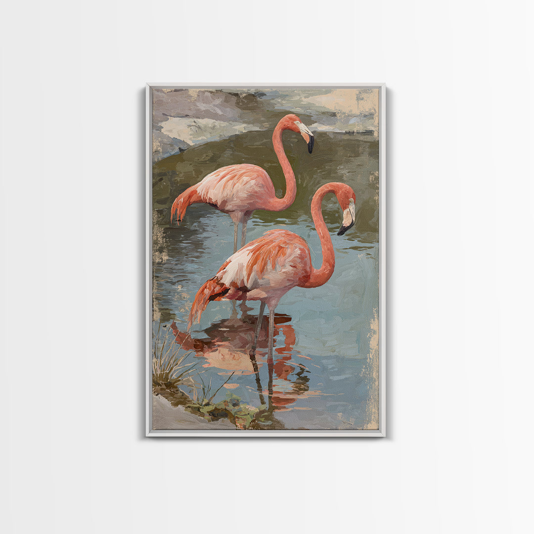 Flamingo Pair in Coral Water Reflections Canvas Print, Bird Art, Home Decor, Living Room Decor, Oil Painting, Flight, BIR-2x3-66