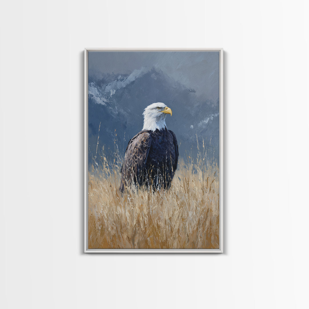 Eagle Portrait with Dramatic Mountain Wind Framed Canvas Print, Bird Art, Digital Print, Living Room Decor, Fine Art, Flight, BIR-2x3-68