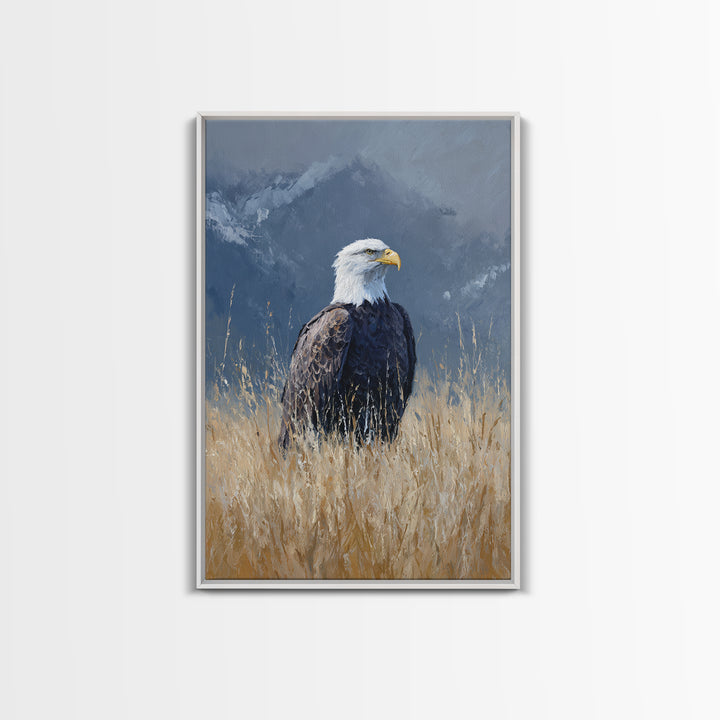 Eagle Portrait with Dramatic Mountain Wind Framed Canvas Print, Bird Art, Digital Print, Living Room Decor, Fine Art, Flight, BIR-2x3-68