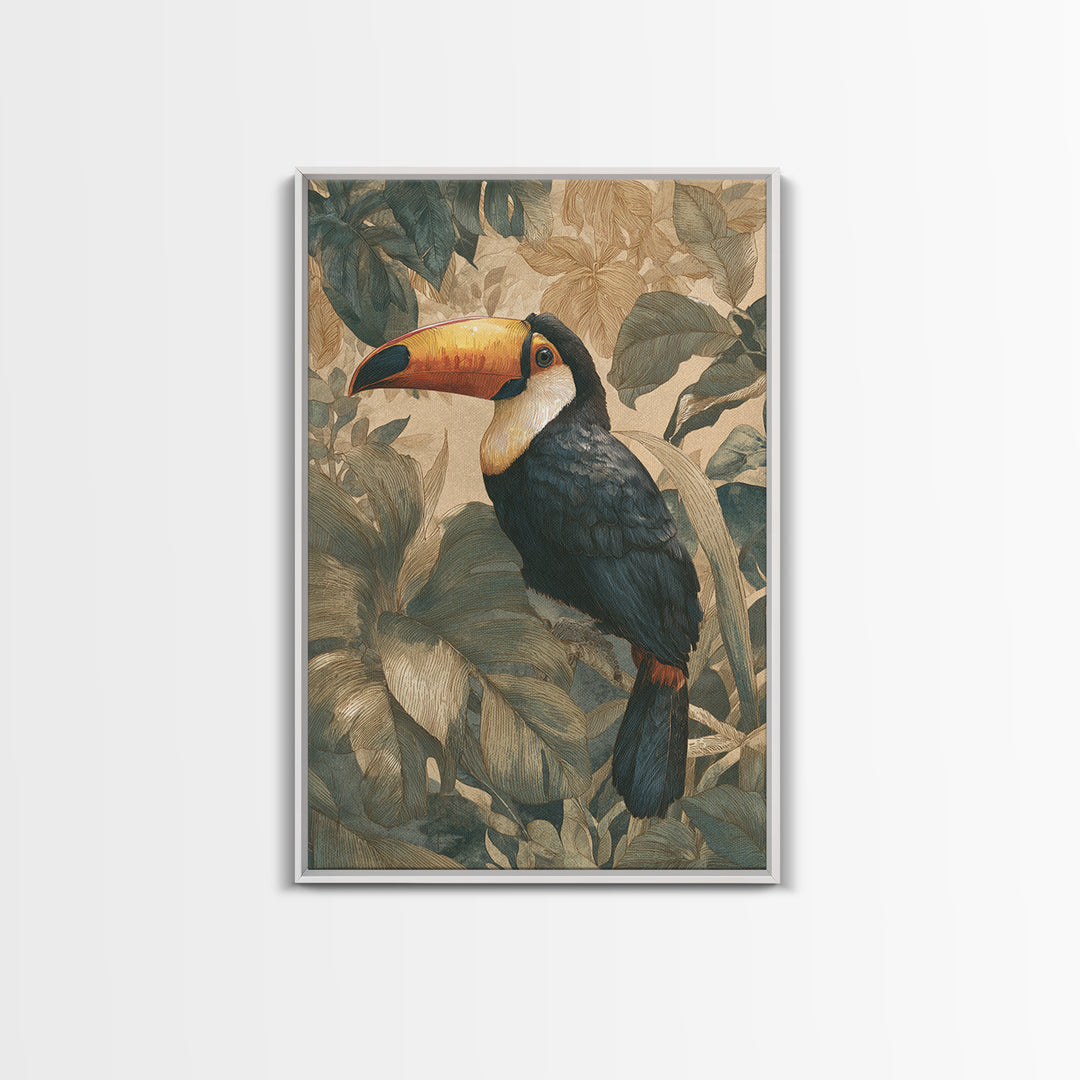 Toucan Framed by Bold Jungle Foliage Canvas Print, Bird Art, Nature Prints, Living Room Decor, Fine Art, Flight, Boho Decor, BIR-2x3-7
