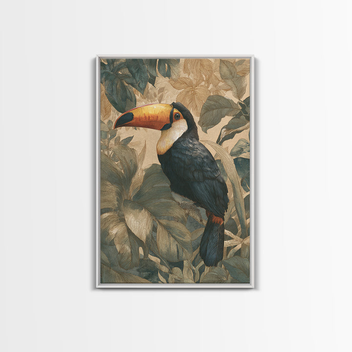 Toucan Framed by Bold Jungle Foliage Canvas Print, Bird Art, Nature Prints, Living Room Decor, Fine Art, Flight, Boho Decor, BIR-2x3-7