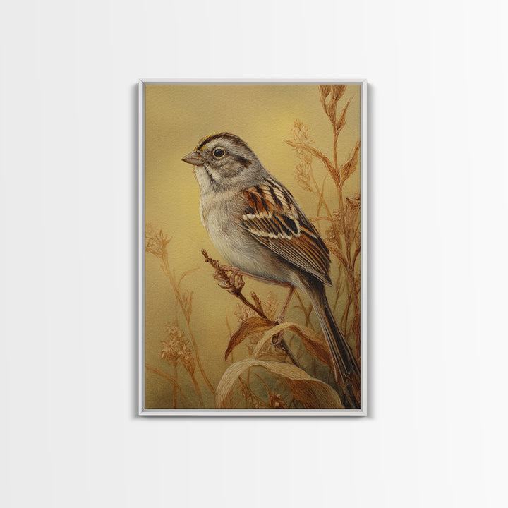 Small Sparrow on Wildflower Stem Canvas Print, Bird Art, Wall Decor, Living Room Decor, Oil Painting, Flight, Boho Wall Decor, BIR-2x3-70