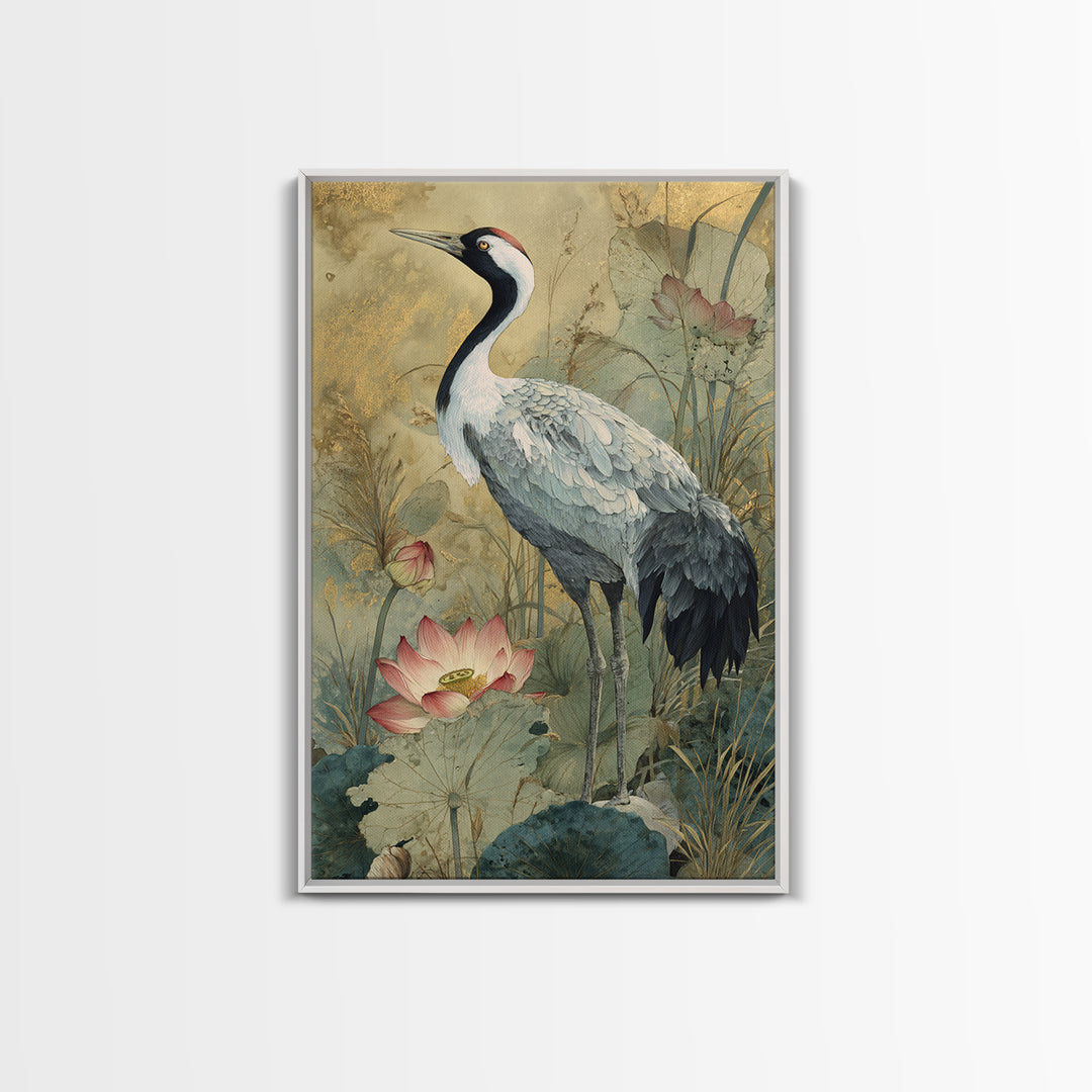 Crane and Lotus Composition Framed Canvas Print, Bird Art, Watercolor Painting, Living Room Decor, Flight, Living Room Art, BIR-2x3-73