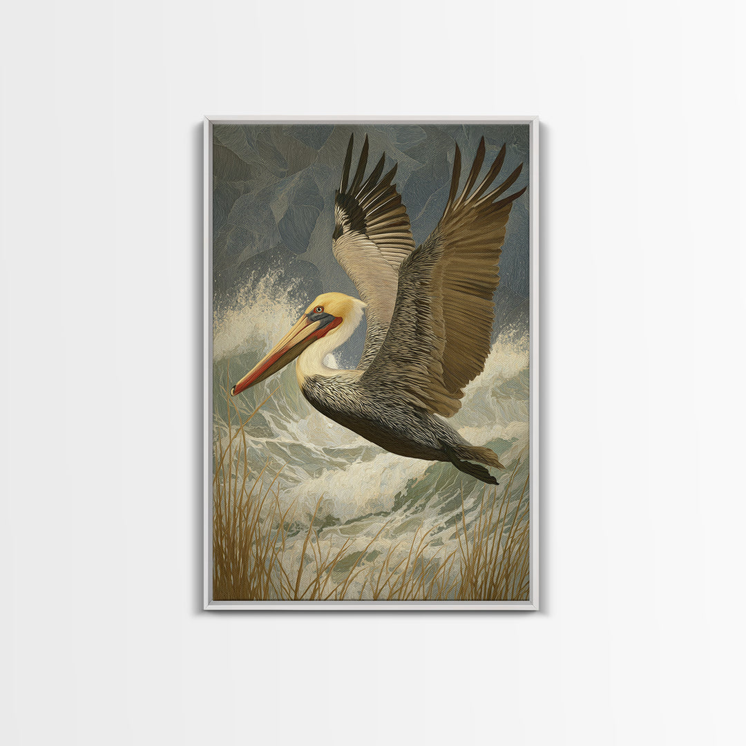 Pelican Flying over Coastal Waves Framed Canvas Print, Bird Art, Digital Prints, Living Room Decor, Watercolor Art, Flight, BIR-2x3-74