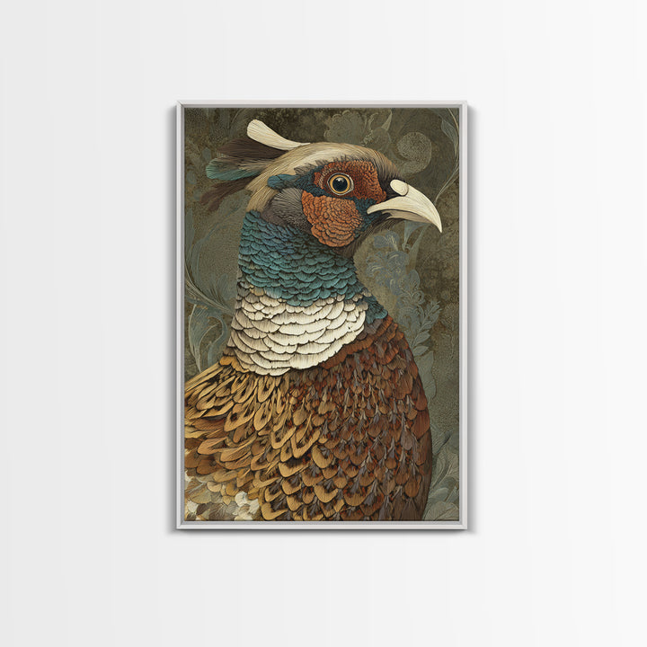 Pheasant with Ornate Feather Details Framed Canvas Print, Bird Art, Original Art, Living Room Decor, Fine Art, Flight, BIR-2x3-75