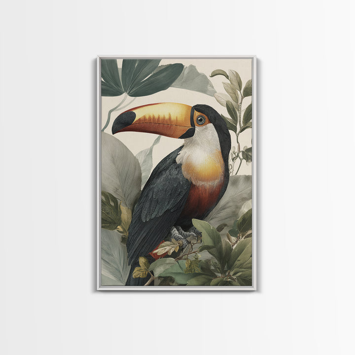 Toucan Framed by Bold Jungle Foliage Canvas Print, Bird Art, Wall Decor, Living Room Decor, Fine Art, Flight, Boho Wall Decor, BIR-2x3-79
